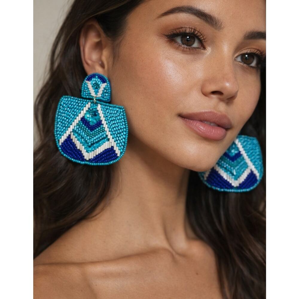 Kay Lee Blue Beaded Boho Earrings New